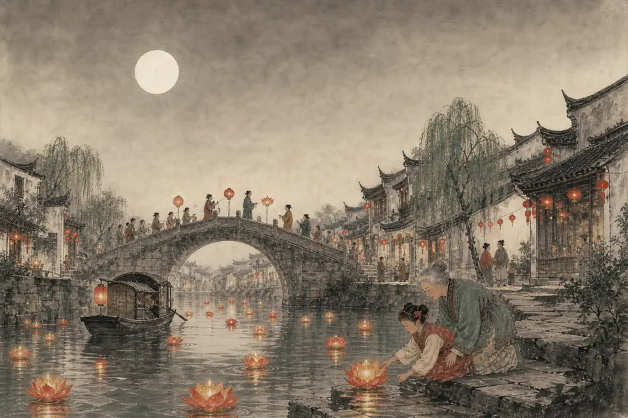 概念圖：月夜水鄉，河面漂着點點蓮花燈