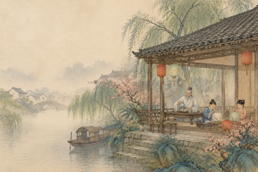 概念圖：細雨中的水邊茶寮，村民圍坐品茶